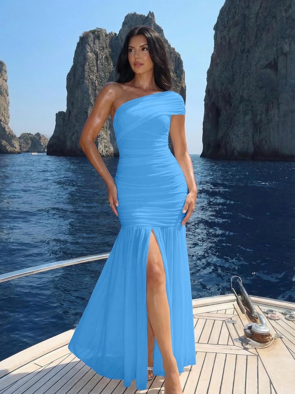 Asymmetric One-Shoulder Light Blue Evening Gown with Front Slit